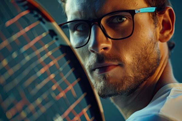 Tennis player glasses holding racket ready hit